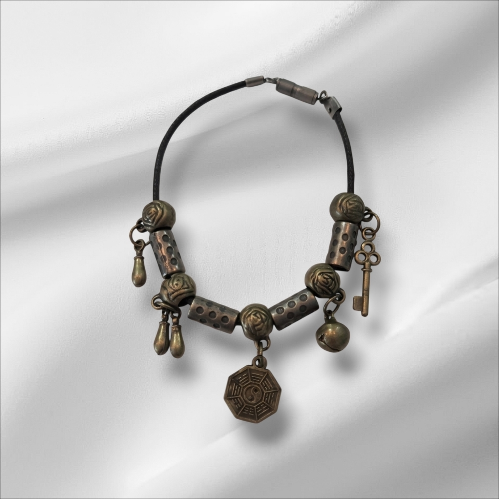 Vintage Chinese Brass Charm Bracelet | Yin Yang Bagua | Lucky Key & Bell - Picture 8 of 8